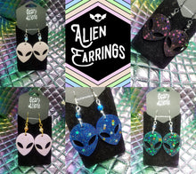 Load image into Gallery viewer, Alien Earrings - XFiles UFO Earrings - Quirky 90s Earrings - Stoner Resin Alien Jewelry- Lesbian Earrings Scary Aliens
