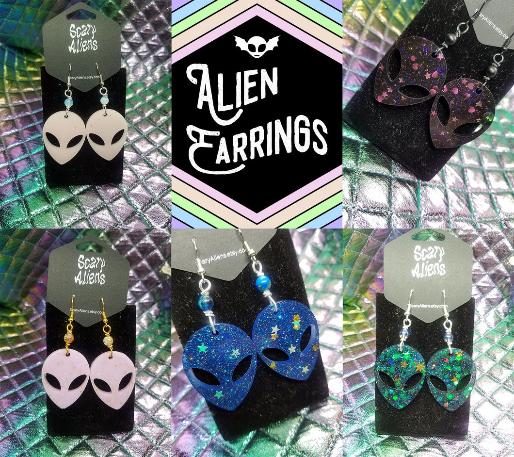 Alien Earrings - XFiles UFO Earrings - Quirky 90s Earrings - Stoner Resin Alien Jewelry- Lesbian Earrings Scary Aliens