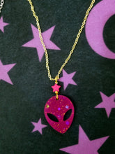 Load image into Gallery viewer, Alien Head Necklace- Magenta Glitter Scary Aliens
