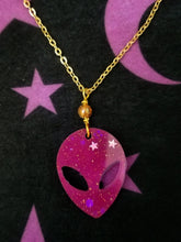 Load image into Gallery viewer, Alien Head Necklace- Magenta Glitter Scary Aliens
