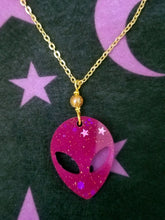 Load image into Gallery viewer, Alien Head Necklace- Magenta Glitter Scary Aliens
