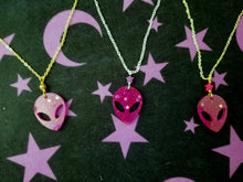 Load image into Gallery viewer, Alien Head Necklace- Magenta Glitter Scary Aliens
