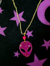 Load image into Gallery viewer, Alien Head Necklace- Magenta Glitter Scary Aliens
