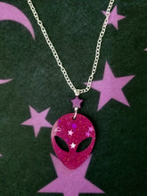 Load image into Gallery viewer, Alien Head Necklace- Magenta Glitter Scary Aliens
