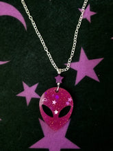 Load image into Gallery viewer, Alien Head Necklace- Magenta Glitter Scary Aliens
