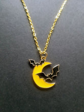 Load image into Gallery viewer, Bat Moon Halloween Gold Enamel Charm Necklace Scary Aliens
