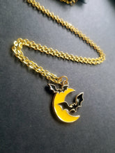 Load image into Gallery viewer, Bat Moon Halloween Gold Enamel Charm Necklace Scary Aliens
