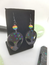 Load image into Gallery viewer, Black Alien Earrings - Star Glitter - Rainbow UFO Resin Jewelry - Dangle Space Babe Earrings - Stoner Stocking Gift Scary Aliens
