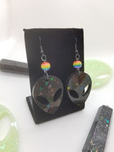 Load image into Gallery viewer, Black Alien Earrings - Star Glitter - Rainbow UFO Resin Jewelry - Dangle Space Babe Earrings - Stoner Stocking Gift Scary Aliens
