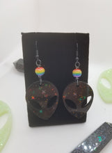 Load image into Gallery viewer, Black Alien Earrings - Star Glitter - Rainbow UFO Resin Jewelry - Dangle Space Babe Earrings - Stoner Stocking Gift Scary Aliens
