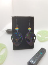 Load image into Gallery viewer, Black Alien Earrings - Star Glitter - Rainbow UFO Resin Jewelry - Dangle Space Babe Earrings - Stoner Stocking Gift Scary Aliens
