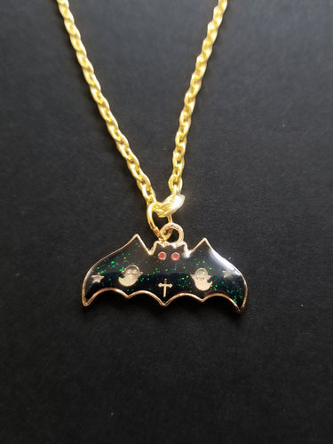 Black Bat Gold Enamel Charm Necklace Scary Aliens