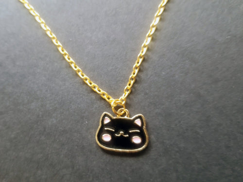 Black Cat Head Gold Enamel Charm Necklace Scary Aliens