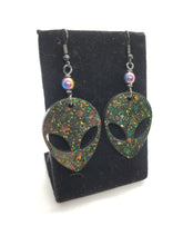 Load image into Gallery viewer, Black Glitter Alien Earrings - UFO Earrings Resin Jewelry - Black Alien Dangle Earrings Scary Aliens
