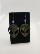 Load image into Gallery viewer, Black Glitter Alien Earrings - UFO Earrings Resin Jewelry - Black Alien Dangle Earrings Scary Aliens
