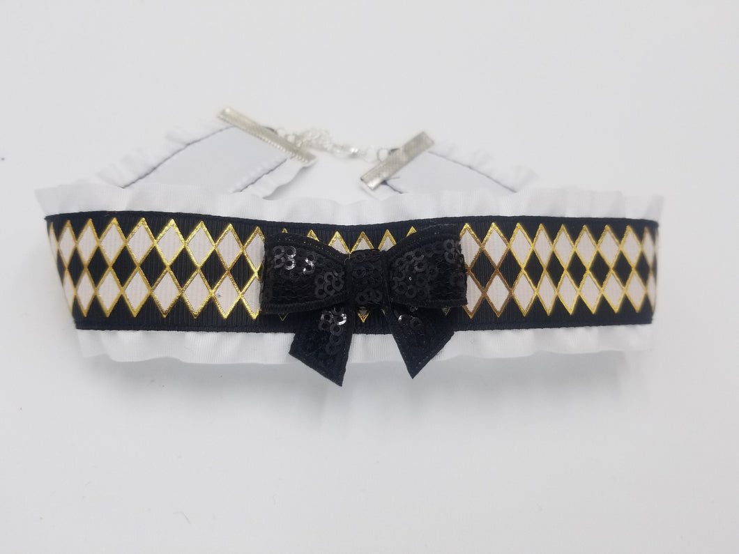 Black White Harlequin Ribbon Choker (Available With or Without Center Bow) Scary Aliens