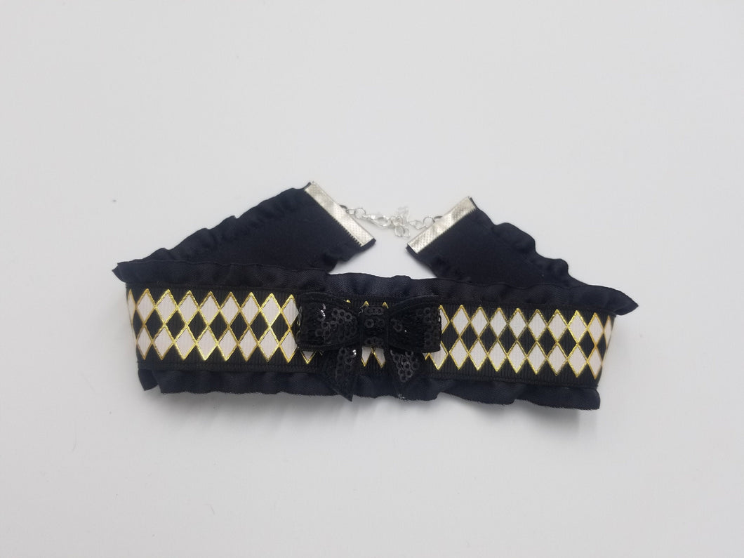 Black White Harlequin Ribbon Choker (Available With or Without Center Bow) Scary Aliens