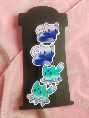 Blue/Teal Space Cat Barrettes Set Scary Aliens