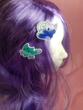 Load image into Gallery viewer, Blue/Teal Space Cat Barrettes Set Scary Aliens
