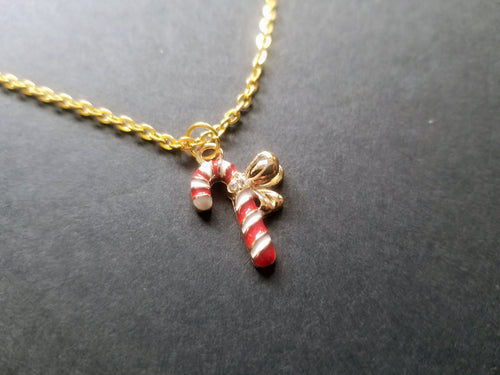 Candy Cane Bow Gold Enamel Charm Necklace Scary Aliens