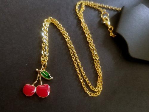 Cherry Gold Enamel Charm Necklace Scary Aliens