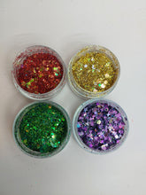 Load image into Gallery viewer, Christmas Holiday Glitter Mix Set- Cosmetic Glitter Mix- Xmas Glitter Mix- Winter Rave Glitter- Red Green Elf Glitter Sparkles Scary Aliens
