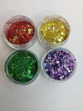 Load image into Gallery viewer, Christmas Holiday Glitter Mix Set- Cosmetic Glitter Mix- Xmas Glitter Mix- Winter Rave Glitter- Red Green Elf Glitter Sparkles Scary Aliens
