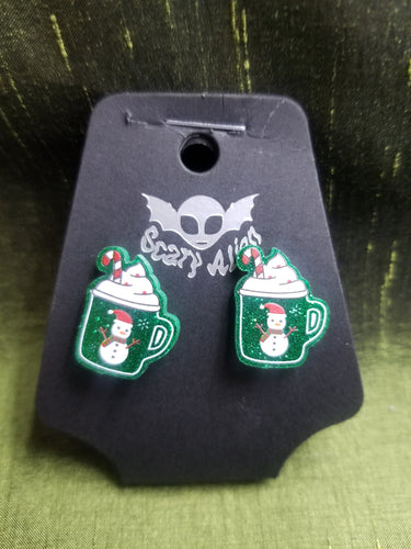 Christmas Hot Cocoa Earrings- Xmas Snowman Stud Earrings- Xmas Studs- Acrylic Holiday Studs- Green Glitter Holiday Earrings Scary Aliens