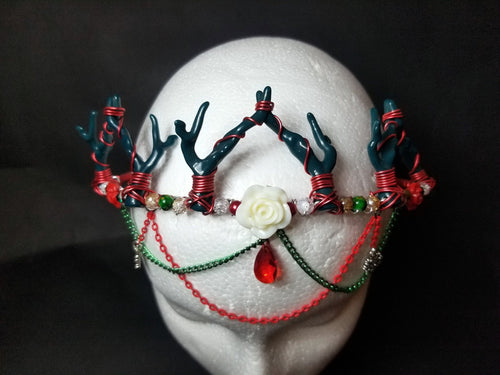 Christmas Queen Antler Crown - Wire Wrapped Goth Xmas Tiara - Red Coral Headpiece - Holiday Cosplay - Lightweight Solstice Costume Crown Scary Aliens