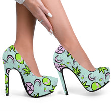 Load image into Gallery viewer, Cosmic Life Vegan Leather Alien High Heels- Baby Blue Scary Aliens
