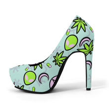 Load image into Gallery viewer, Cosmic Life Vegan Leather Alien High Heels- Baby Blue Scary Aliens
