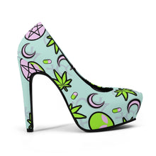 Load image into Gallery viewer, Cosmic Life Vegan Leather Alien High Heels- Baby Blue Scary Aliens
