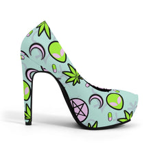 Load image into Gallery viewer, Cosmic Life Vegan Leather Alien High Heels- Baby Blue Scary Aliens
