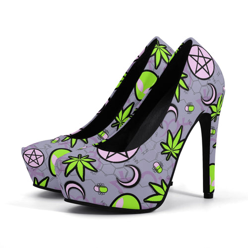 Cosmic Life Vegan Leather Alien High Heels- Lavender Scary Aliens