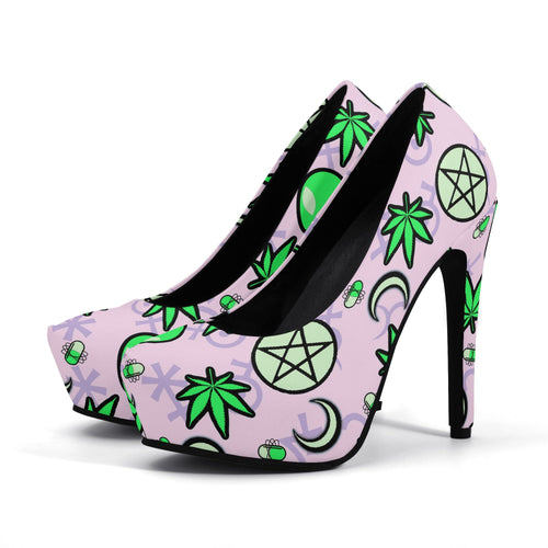 Cosmic Life Vegan Leather Alien High Heels- Pink Scary Aliens