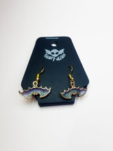 Load image into Gallery viewer, Enamel Glitter Bat Earrings- Halloween Jewelry- Nu Goth Earrings- Spooky Pastel Goth Jewelry- Gold Halloween Earrings Scary Aliens
