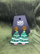 Load image into Gallery viewer, Glitter Christmas Tree Earrings- Acrylic Xmas Tree Earrings- Funky Holiday Jewelry- Unique Xmas Jewelry- Glitter Green Holiday Earrings Scary Aliens
