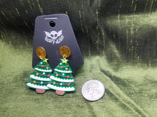 Load image into Gallery viewer, Glitter Christmas Tree Earrings- Acrylic Xmas Tree Earrings- Funky Holiday Jewelry- Unique Xmas Jewelry- Glitter Green Holiday Earrings Scary Aliens
