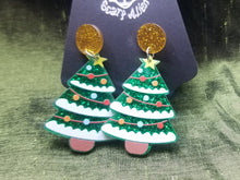 Load image into Gallery viewer, Glitter Christmas Tree Earrings- Acrylic Xmas Tree Earrings- Funky Holiday Jewelry- Unique Xmas Jewelry- Glitter Green Holiday Earrings Scary Aliens
