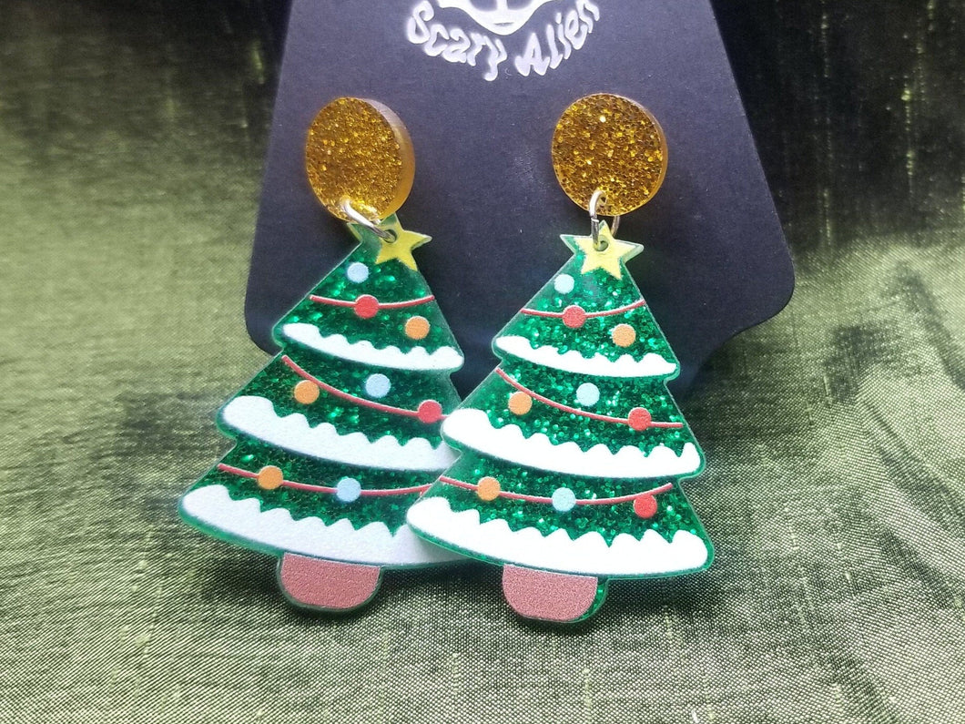 Glitter Christmas Tree Earrings- Acrylic Xmas Tree Earrings- Funky Holiday Jewelry- Unique Xmas Jewelry- Glitter Green Holiday Earrings Scary Aliens