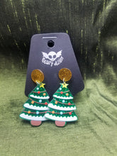 Load image into Gallery viewer, Glitter Christmas Tree Earrings- Acrylic Xmas Tree Earrings- Funky Holiday Jewelry- Unique Xmas Jewelry- Glitter Green Holiday Earrings Scary Aliens
