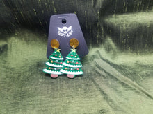 Load image into Gallery viewer, Glitter Christmas Tree Earrings- Acrylic Xmas Tree Earrings- Funky Holiday Jewelry- Unique Xmas Jewelry- Glitter Green Holiday Earrings Scary Aliens
