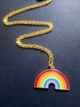 Load image into Gallery viewer, Gold Rainbow Enamel Charm Necklace Scary Aliens
