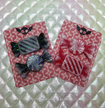 Load image into Gallery viewer, Goth Candy Cane Barrettes Set Scary Aliens
