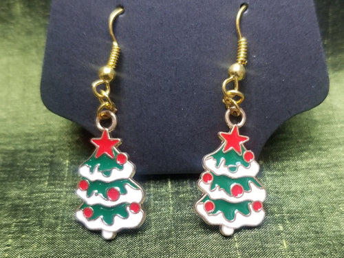 Green Christmas Tree Earrings- Gold Xmas Tree Earrings- Xmas Jewelry- Enamel Tree Jewelry- Glitter Green Holiday Earrings Scary Aliens