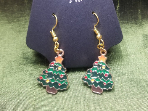 Green Christmas Tree Earrings- Gold Xmas Tree Earrings- Xmas Jewelry- Enamel Tree Jewelry- Glitter Green Holiday Earrings Scary Aliens