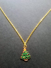 Load image into Gallery viewer, Green Christmas Tree Gold Enamel Charm Necklace Scary Aliens
