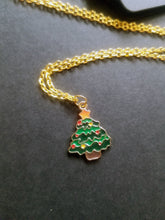 Load image into Gallery viewer, Green Christmas Tree Gold Enamel Charm Necklace Scary Aliens
