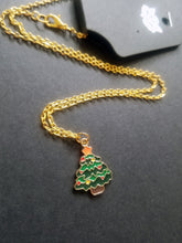 Load image into Gallery viewer, Green Christmas Tree Gold Enamel Charm Necklace Scary Aliens
