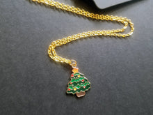 Load image into Gallery viewer, Green Christmas Tree Gold Enamel Charm Necklace Scary Aliens
